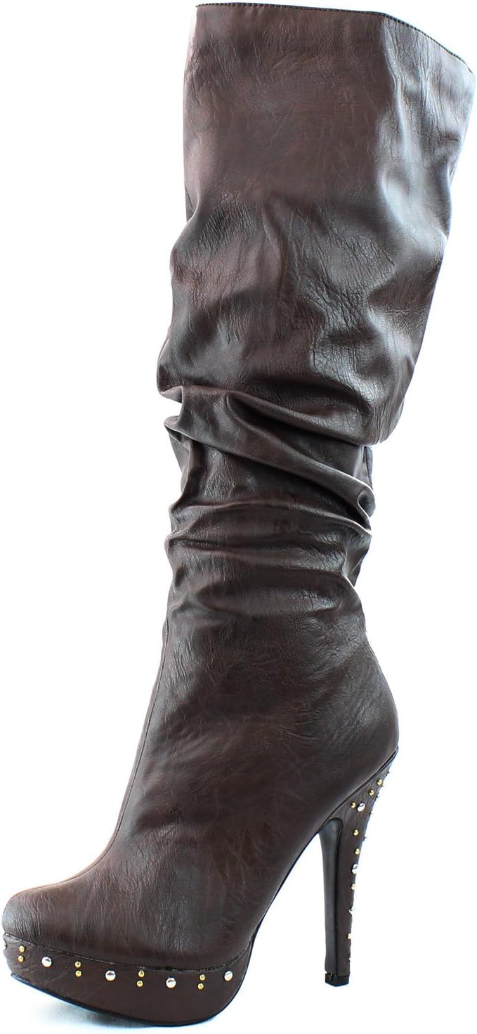 Women's Round Toe Knee High Heel Studded Platform Mid Calf Slouch Boots Fashion Shoes