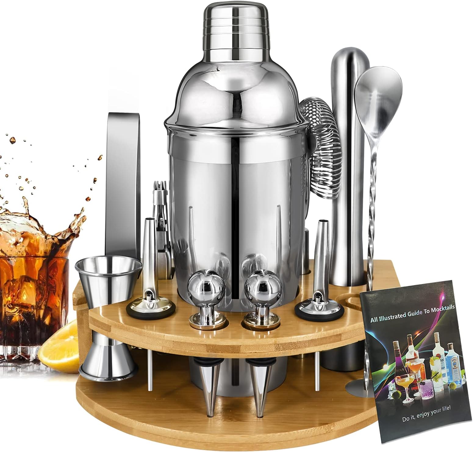 FOVERN1 Cocktail Shaker Set Bartender Kit, 15 Pieces Home Bar Tool Set with Bamboo Stand 750ml Professional Stainless Steel Martini Shaker with Cocktail Recipes Booklet