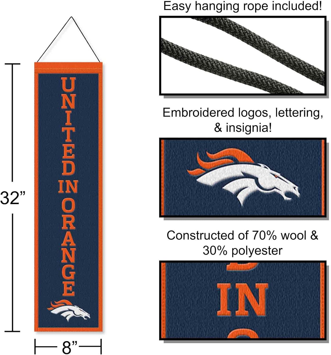WinCraft Denver Broncos United in Orange 8x32 Inch Vertical Wool Embroidered Hanging Banner