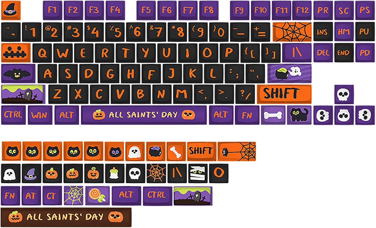 Halloween Black Cat Themed Keycaps, XDA Profile PBT Dye Sublimation Keycaps, Halloween Pumpkin Customized Keycaps Set for Cherry Gateron MX Switches Mechanical Gaming Keyboards