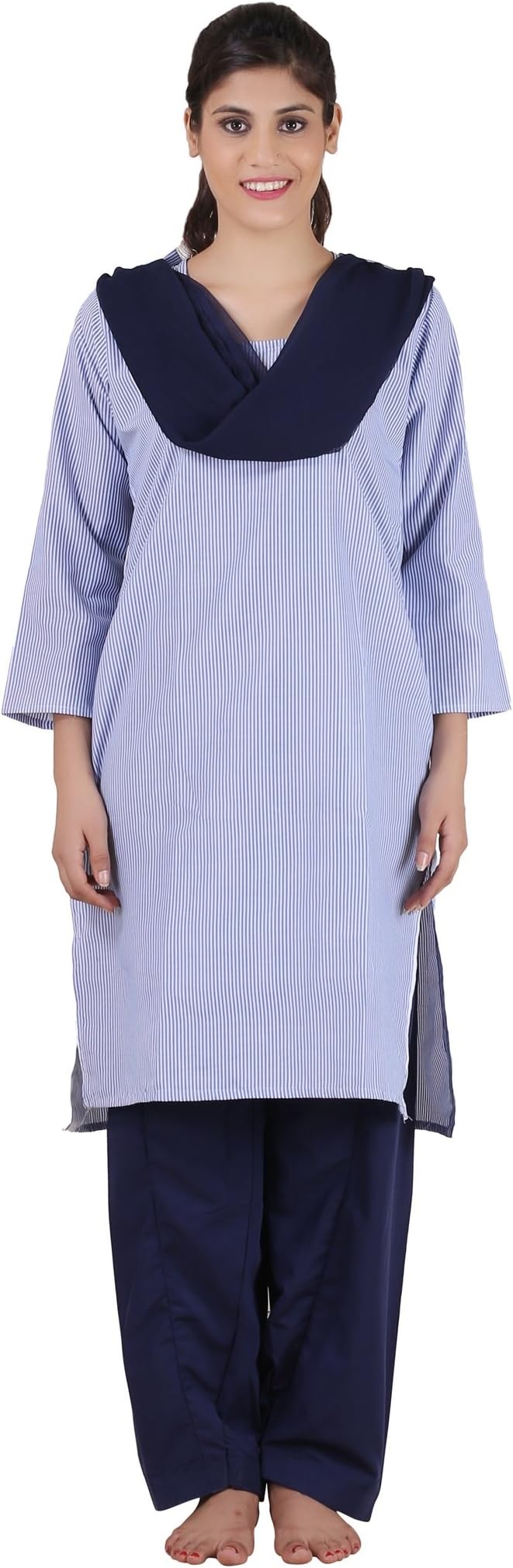 FABUNIFORMS Women's Poly Cotton Readymade and Stitched Housekeeping Salwar Suit with Dupatta Set – Ideal for Security Guards, Hotel, Cleaning Staff and Hospital Staff Uniform (White & Blue Lining)