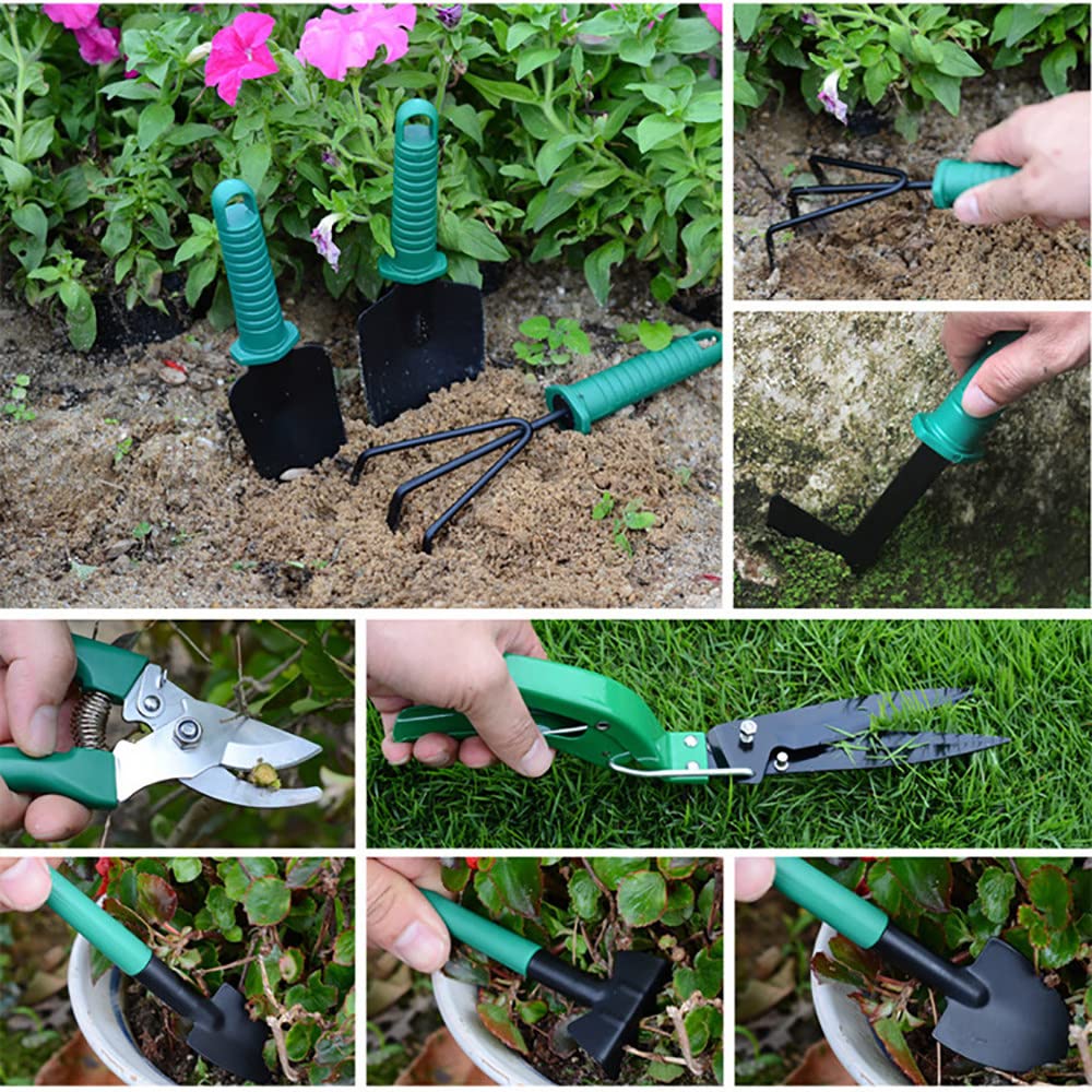 10 Pezzi Set Attrezzi da Giardino, con Custodia, in Acciaio Inox, Impugnatura Ergonomica, Cazzuola Rastrello Sarchiatrice Cesoie Spruzzatore,Green