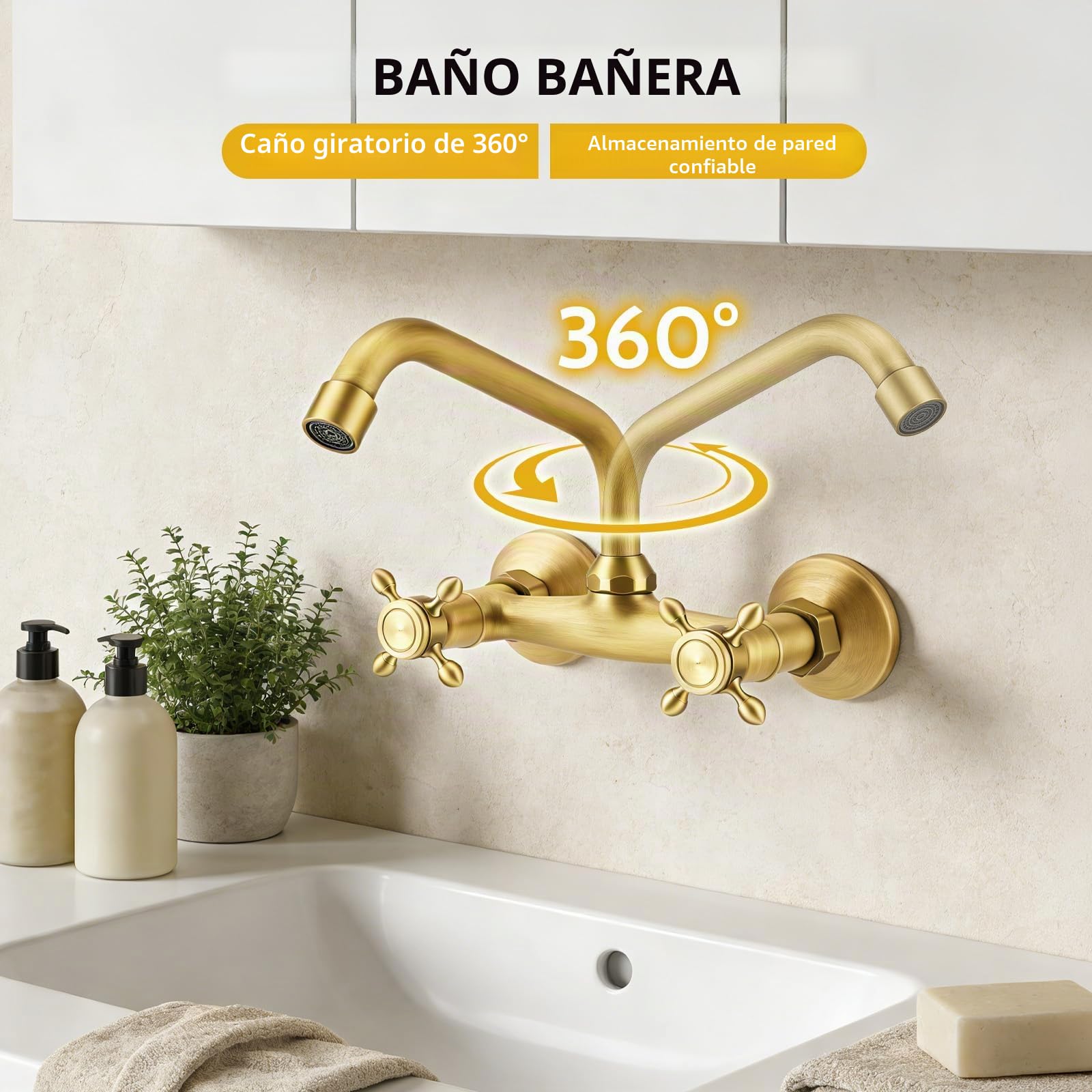 Grifo de pared para lavabo de baño en latón envejecido, mezclador vintage de pared para fregadero de cocina, giratorio 360°, doble maneta para grifo de cocina y baño, caño 25 cm