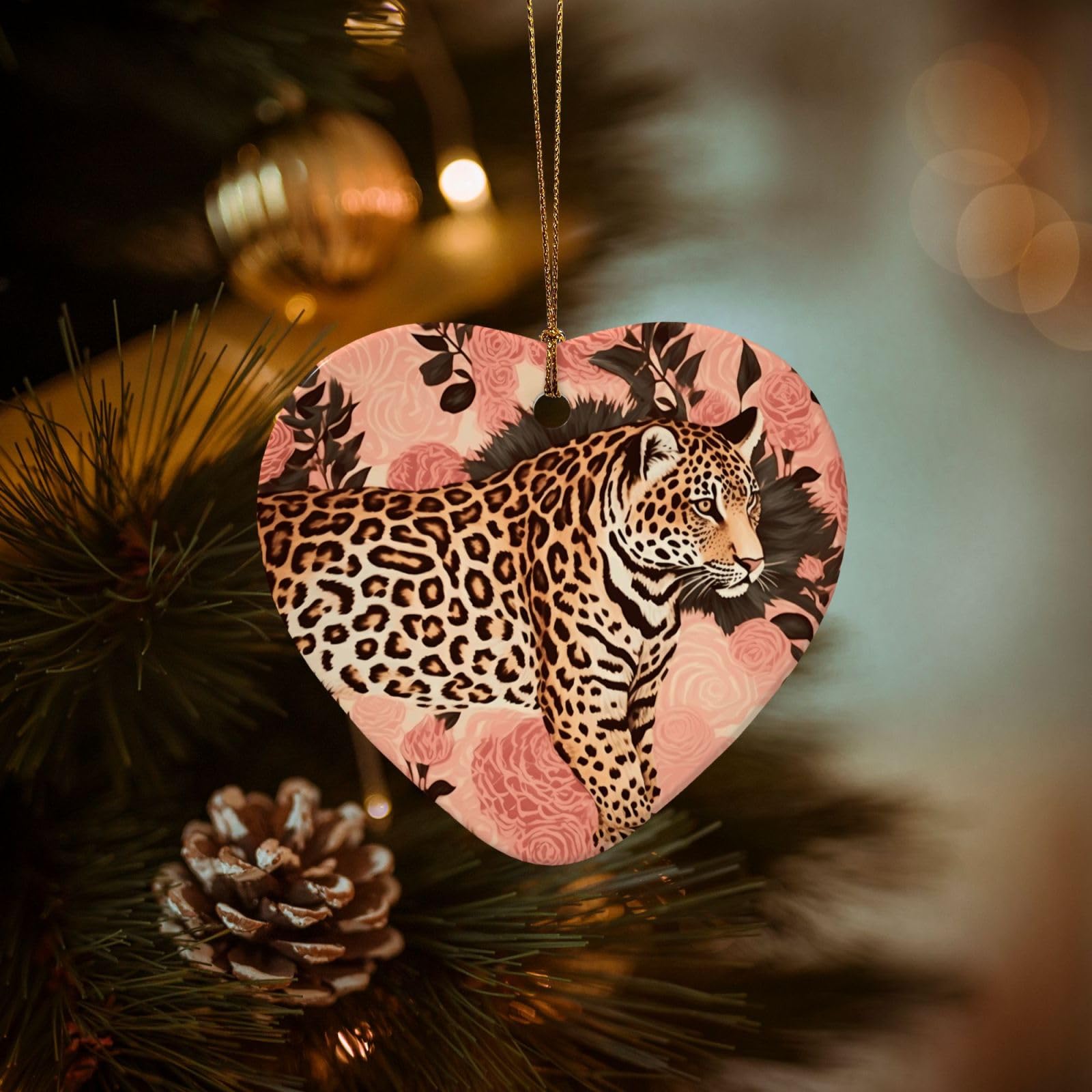 Christmas Ornaments for Christmas Tree Decoration Hanging Striped Leopard Ornament with Gold Ribbon Crafts Heart Shape Ceramic Pendant for Keepsake Gifts Xmas Decor Party Supplies