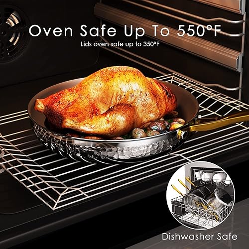 Miniatura 4 de Juego de ollas y sartenes, utensilios de cocina martillados de acero inoxidable de tres capas, compatibles con inducción, aptos para lavavajillas y