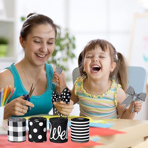 Miniatura 7 de Cinta de granja de 4 rollos de cinta de bienvenida a rayas de búfalo a cuadros con alambre para coronas de Navidad, cinta con alambre surtidos para