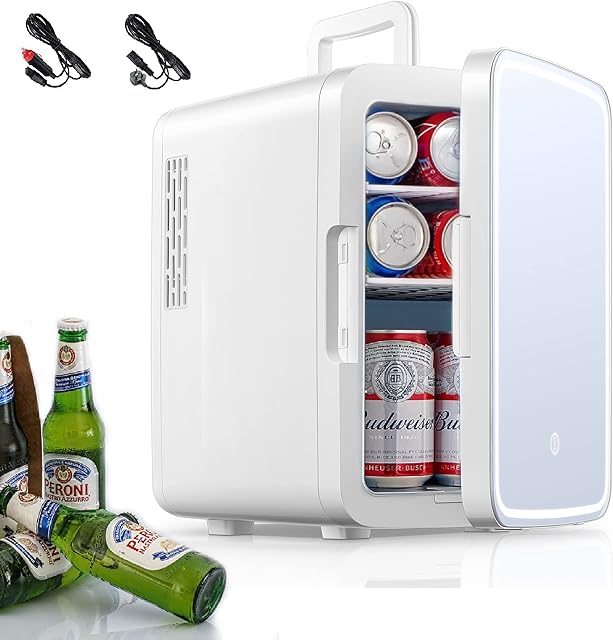 NORTHCLAN Mini Fridge for Bedrooms 10L/11 Cans with AC/DC Powered, Quite Mode, Small Skincare Portable Beauty Fridge with LED Makeup Mirror(3 Brightness Levels), for Cosmetic, Office or Car