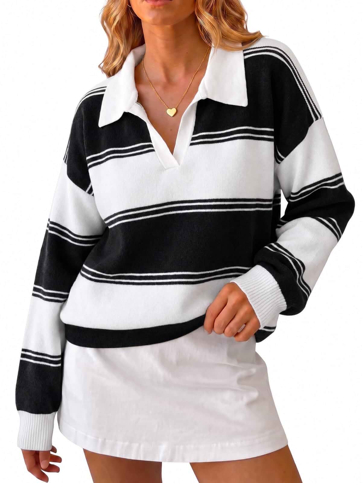 Cicy Bell Women Striped Sweater Polo V Neck Long Sleeve Pullover Knit Tops Color Block, Trendy Casual, Loose Fit, Fall Winter, Warm Sweater, Collar Lapel