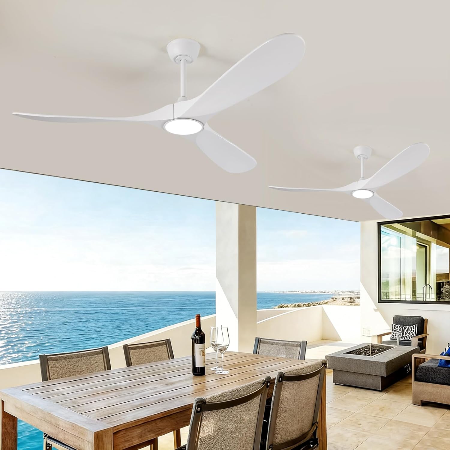 60" Ceiling Fan with Light and Remote, 6-Speed Dimmable Outdoor Ceiling Fan, High CFM Quiet 3 Blade Wood Ceiling Fan, Modern Propeller Ceiling Fan for Outdoor Indoor Living Patio Porch (White)