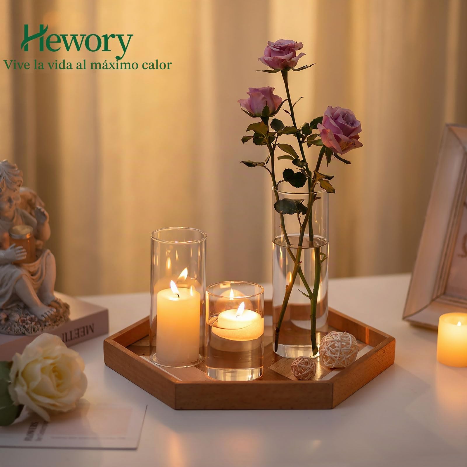 Hewory Juego de 6 Jarrones Cilíndricos de Cristal, Jarrón Alto de Cristal Transparente para Flores, Portavelas Huracán para Velas de Pilar Flotantes, Florero para Centro de Mesa, 10/15/20cm