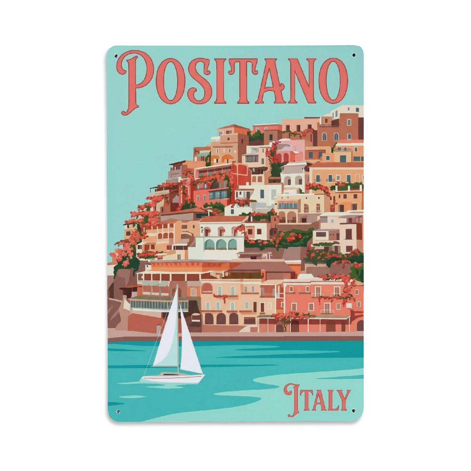 Vintage Travel Positano Italy Coral Metal Tin Sign Plaque Wall Decor for Cafe, Club Bar, Office, Garden Metal Poster 8x12Inch