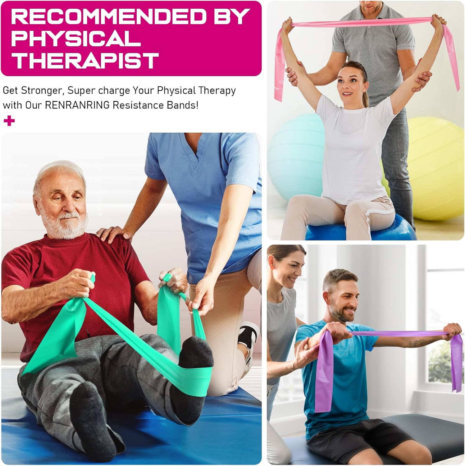 RENRANRING 150lbs Resistance Bands for Working Out, 5.9ft Exercise Bands for Physical Therapy, Stretch, Recovery, Pilates, Rehab, Strength Training and Yoga Starter Set