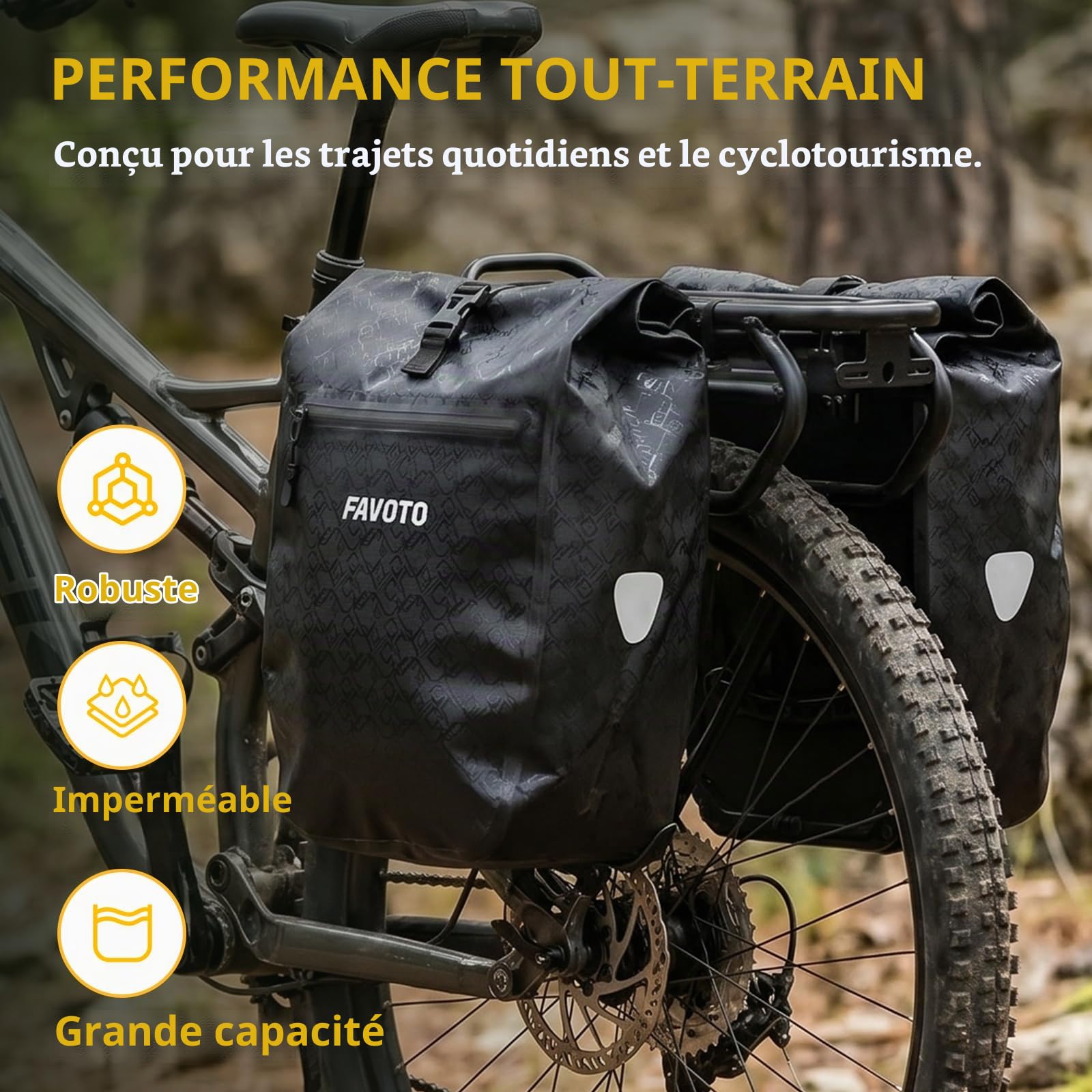 Favoto Sacoche Vélo Porte Bagage Arrière Imperméable, 56L (2×28 L) | Sacoche Vélo Réfléchissante à Libération Rapide avec Sac Intérieur, pour Vélo Électrique et VTT