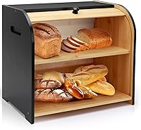 Vista 1 de Panera para Encimera de Cocina, Contenedor de Almacenamiento de Pan de Bambú de Doble Capa para Pan Casero, Panera con Tapa Enrollable con 3 Alturas
