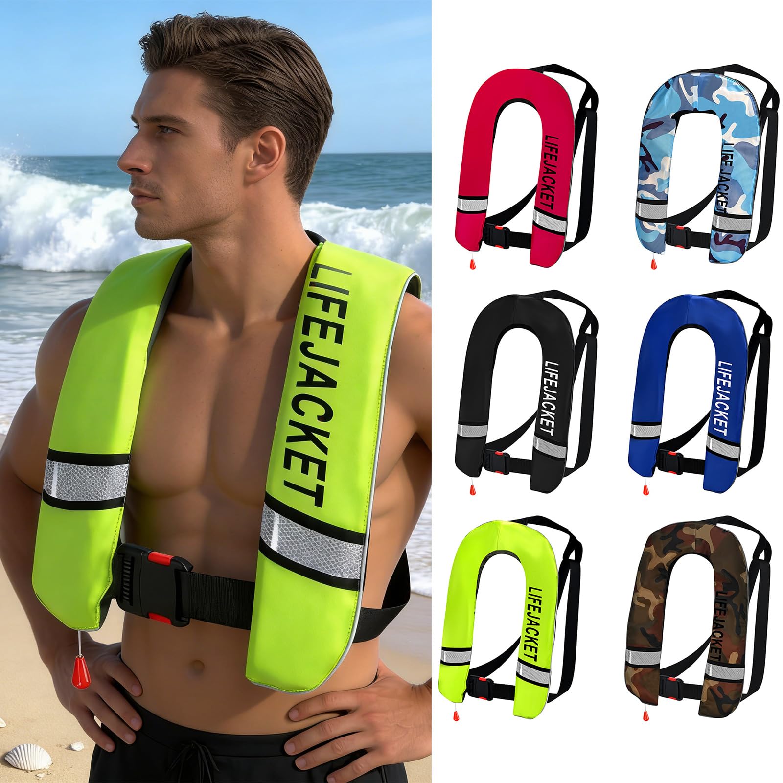 Chaleco inflable para deportes acuáticos con cierres ajustables, acento reflectante, soporte de flotación para pesca, navegación, chaleco para exteriores
