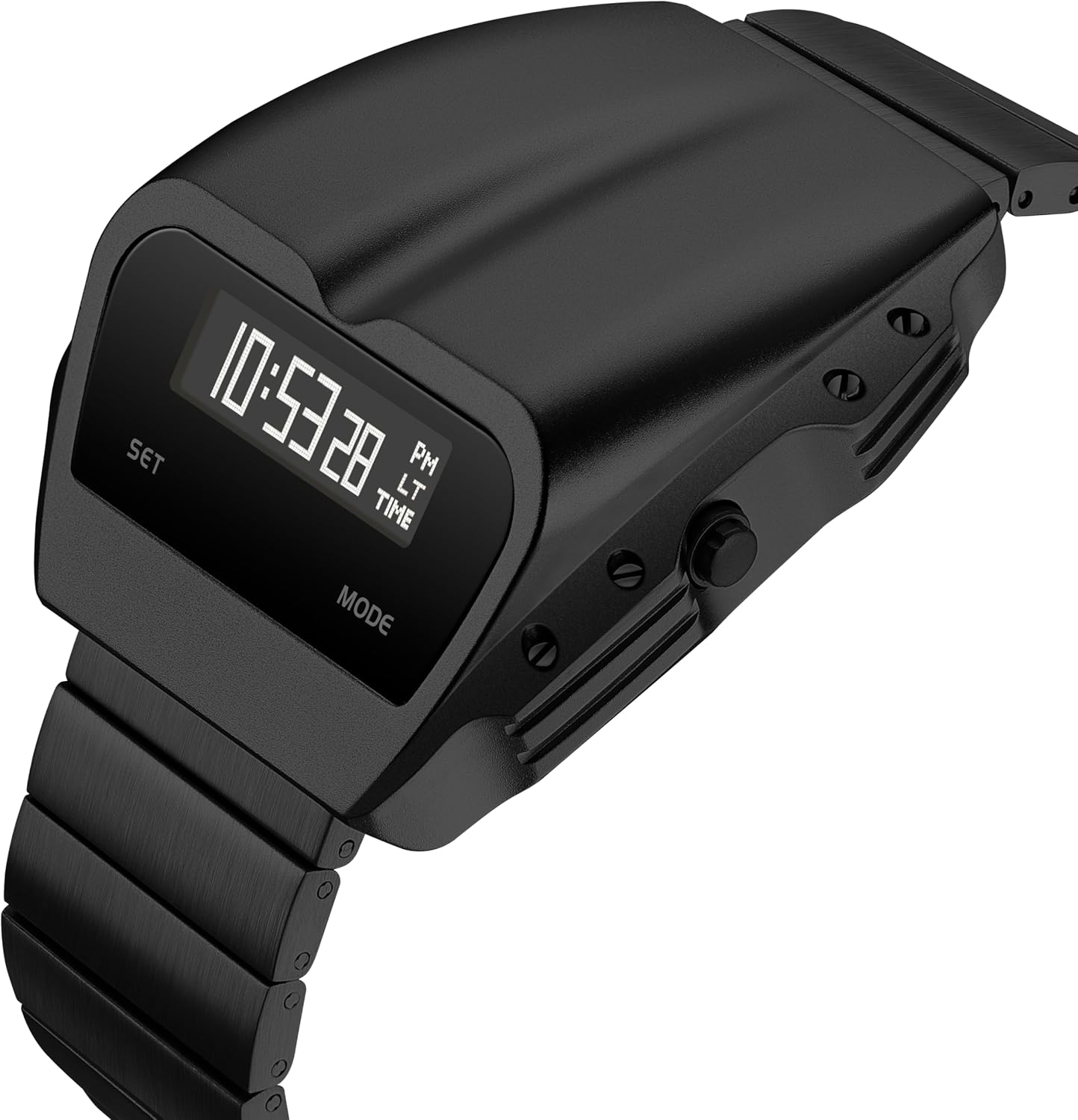 Angled view of the BENLYDESIGN X7000-steel OLED Digital Watch, showcasing its unique case shape and metal strap.