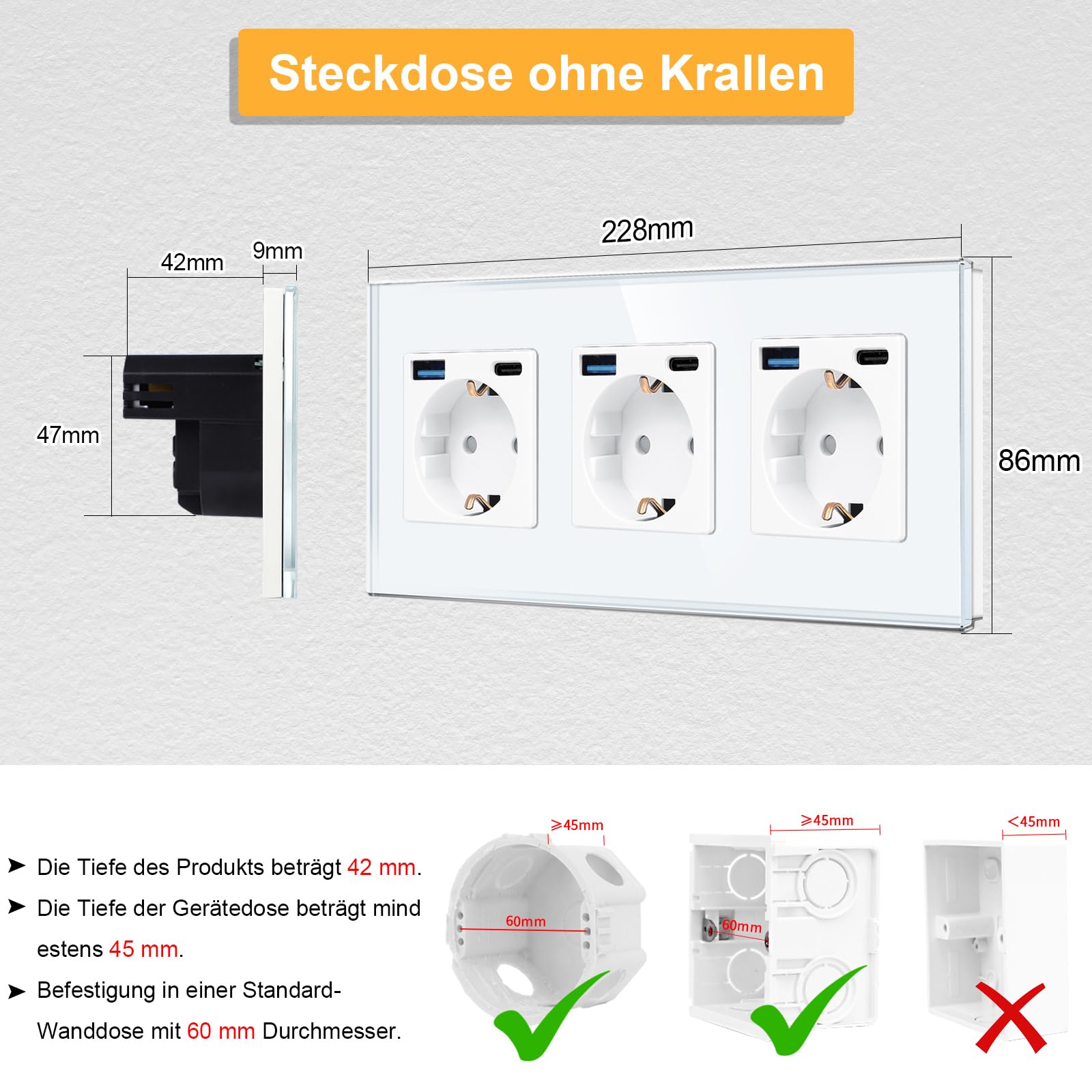 CNBINGO Triple prise Schuko avec 6 ports USB (charge rapide de 20 W), 3 (type C et USB-A), triple prise Schuko en verre encastrée, avec sécurité enfant, blanche