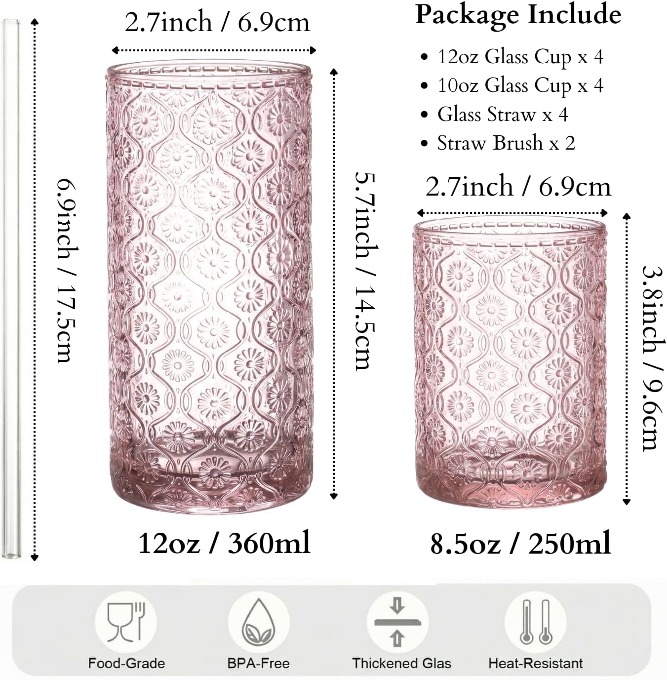 Pink Drinking Glasses Set of 8, 12 Oz Highball & 10 Oz Cocktail Glasses with Straws, Thick Glass Iced Coffee Cups, Floral Embossed Kitchen Vintage Glassware Set for Water, Beer, Juice, Whiskey