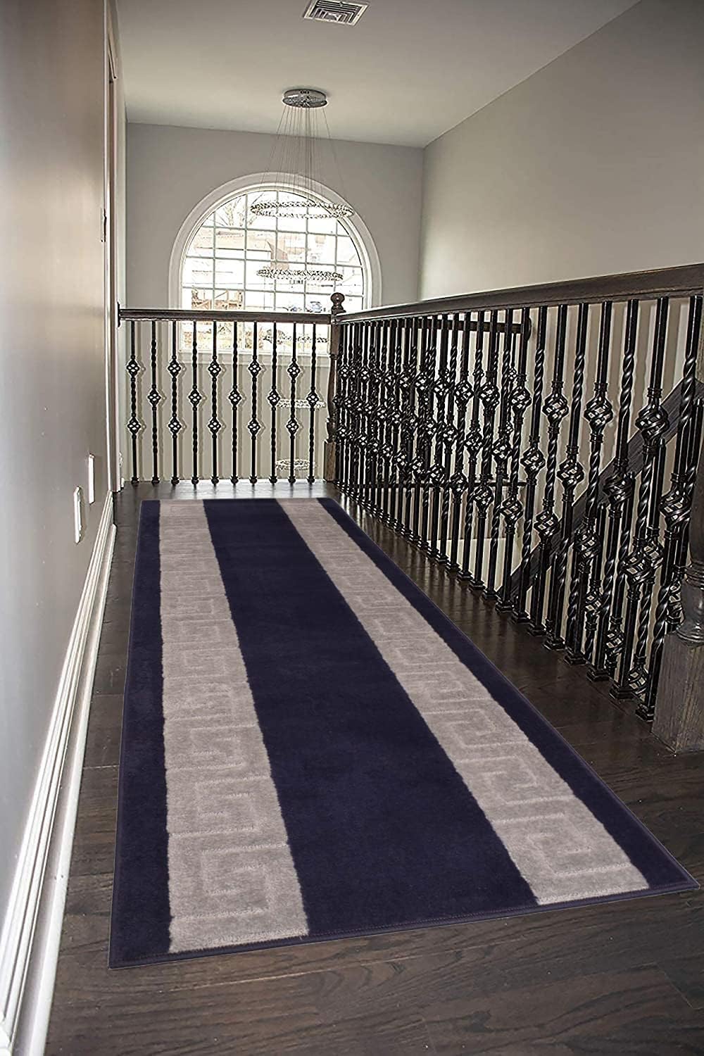 Custom Size Runner Rug Meander Design Extra Long Runner Rugs for Hallways 36 inch Wide x Pick Your Size by Feet Slip Skid Resistant Rubber Back Rug Runners (Navy Blue and Grey, 13 ft x 36 in)