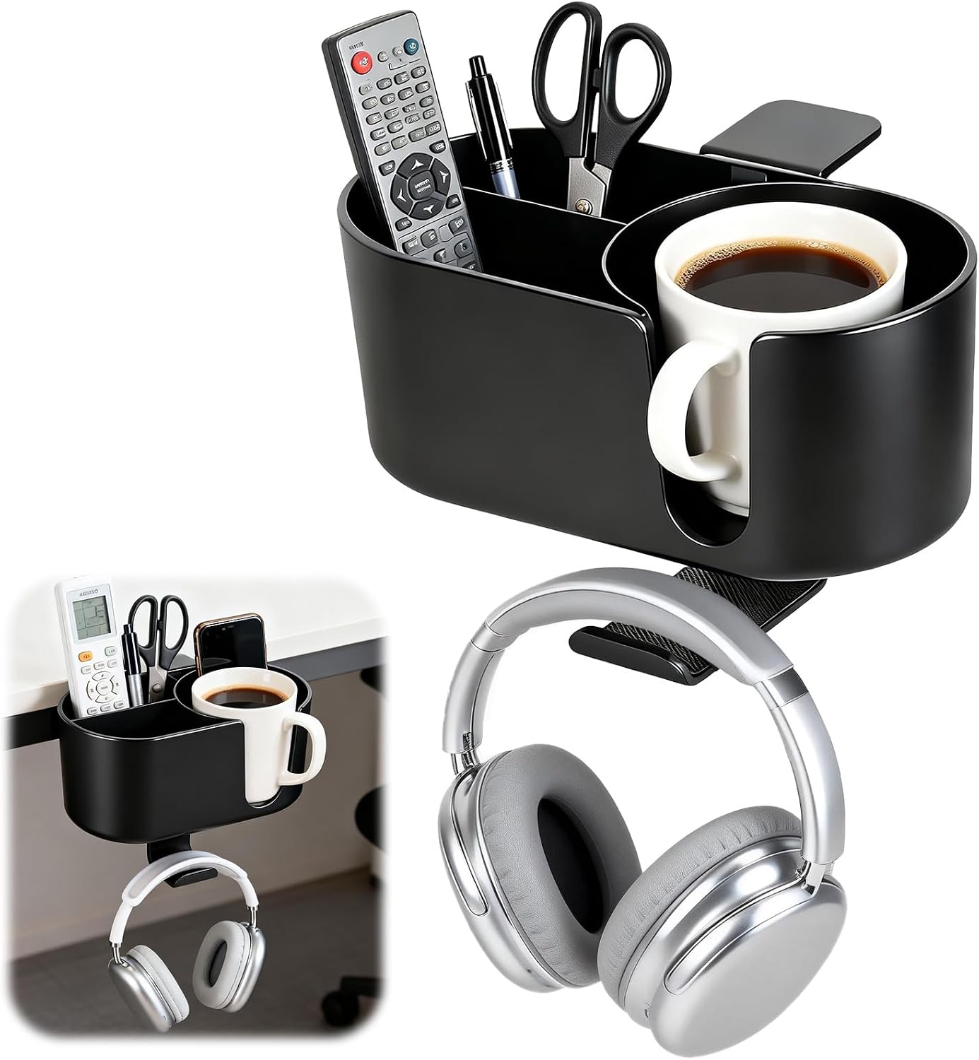 4 in 1 Desk Cup Holder Clamp on Under Desk Headphone Detachable Pen Cup Holder Hanger Caddy Organizer for Office Table, Lawn Chair, Pontoon Boat