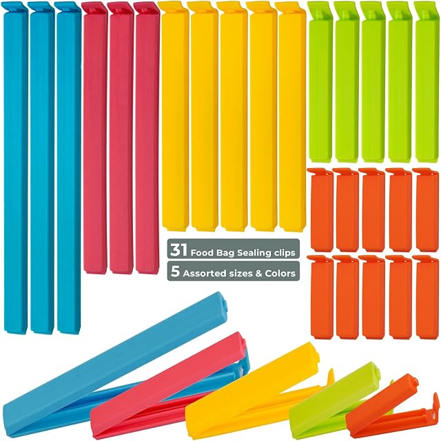 Set of 31 - Food Bag Clips for Food storage in 5 Assorted Sizes & Colours, convenient for keeping food fresh, Unique Design Reusable Plastic Food clips for Snacks, Coffee, - Air Tight.