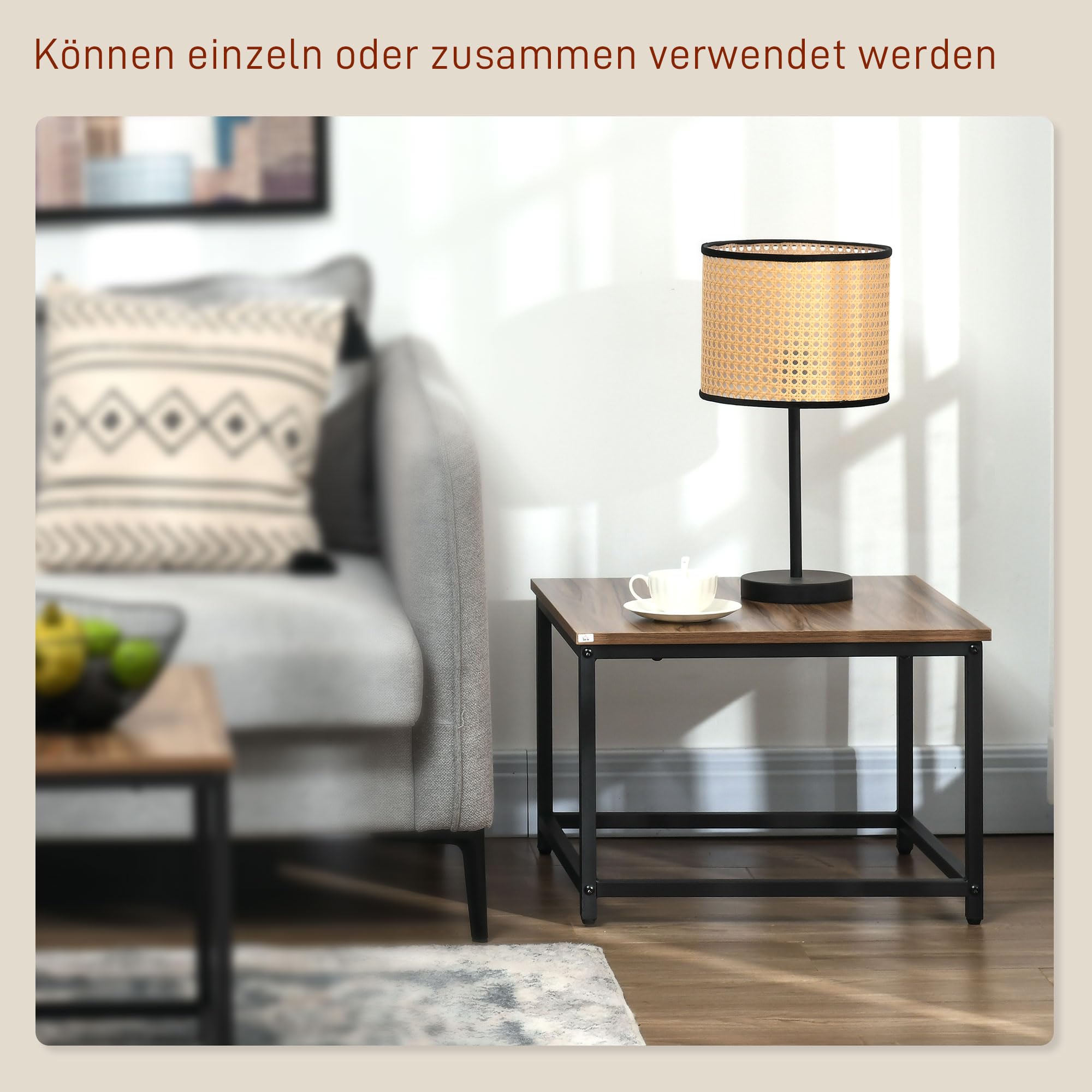 ML-Design Bijzettafel set van 2 40x40x40cm/50x50x45cm, vierkant, zwart/eiken look, metalen frame, stapelbaar, salontafel set van 2 maten, 2 stuks woonkamertafels, sofa salontafels