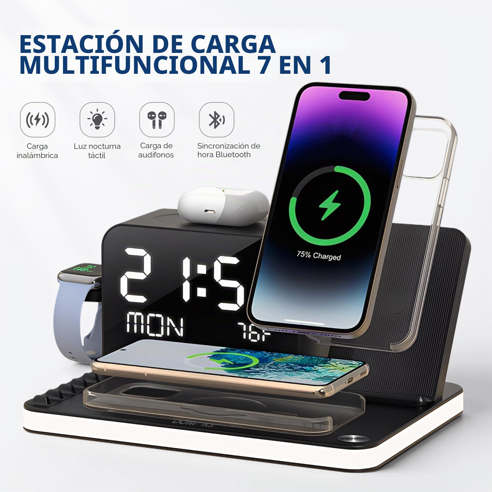 Estación Cargador Inalámbrica 7 en 1,con 4 Soportes de Carga Wireless y 2 Puertos de Carga, Base de Carga Rápida de 30W Compatible con iPhone 17-12,Apple Watch,AirPods(Negro)
