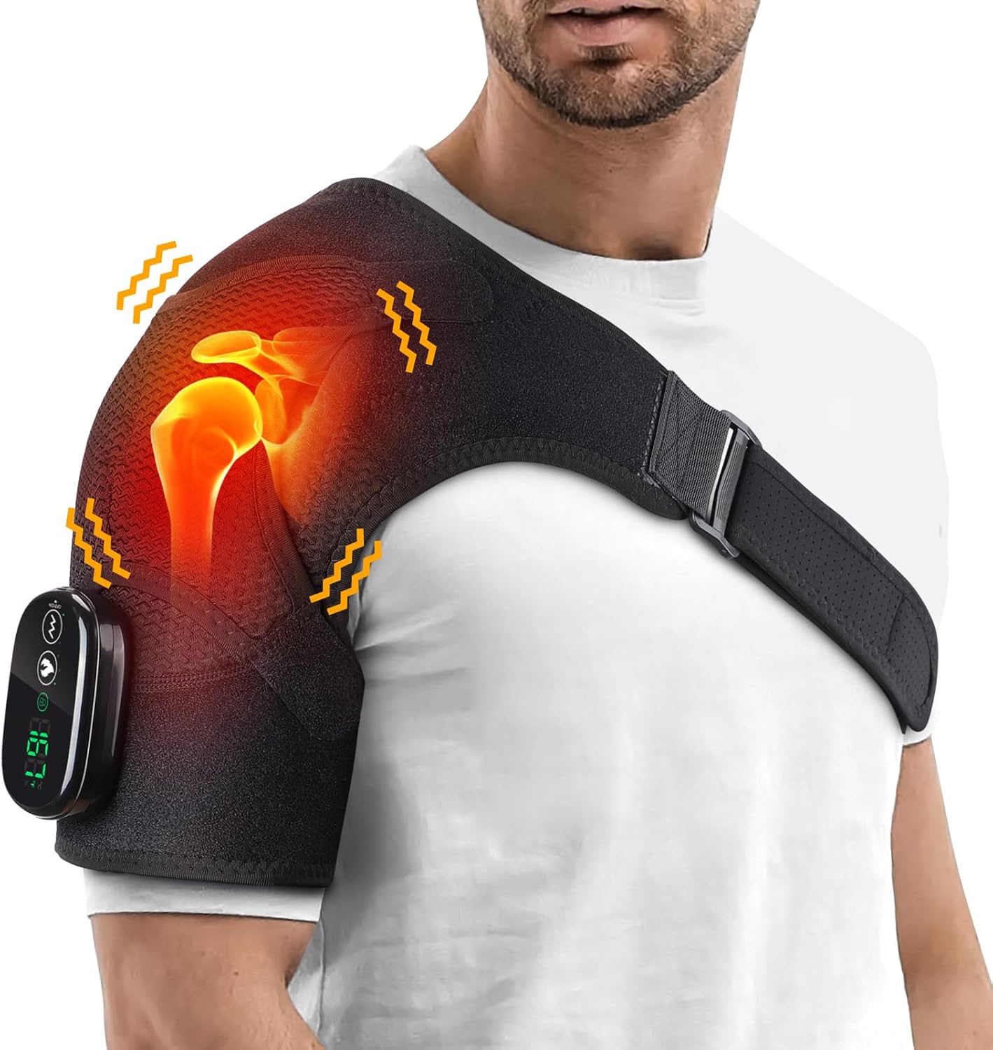 Cordless Heated Shoulder Brace with Vibration, 3 Heat & Massage Settings, Shoulder Heating Pad for Pain Relief, Adjustable Shoulder Warmer for Men and Women(Black)