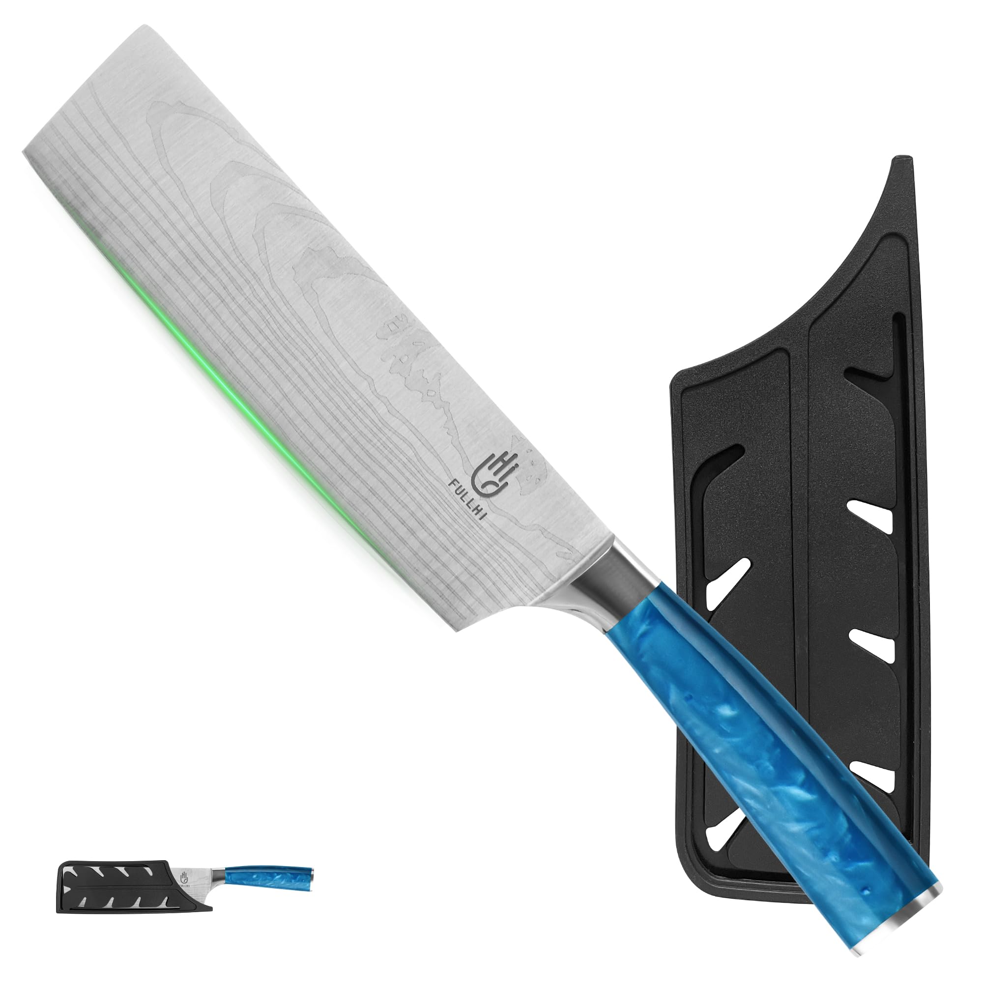 FULLHI Cuchillo Nakiri, Multi Color 7inch Cuchillo Japonés con funda, Acero Inoxidable Cuchillo Cocina Carne Verdura con Guarda (Resina azul)