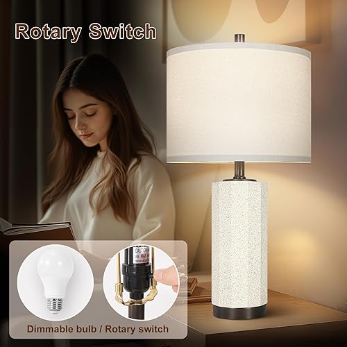 Miniatura 3 de Scenekoy Juego de 2 lámparas de mesa de 23 pulgadas para dormitorio, sala de estar, interruptor giratorio de cerámica con pantalla de lino blanco,
