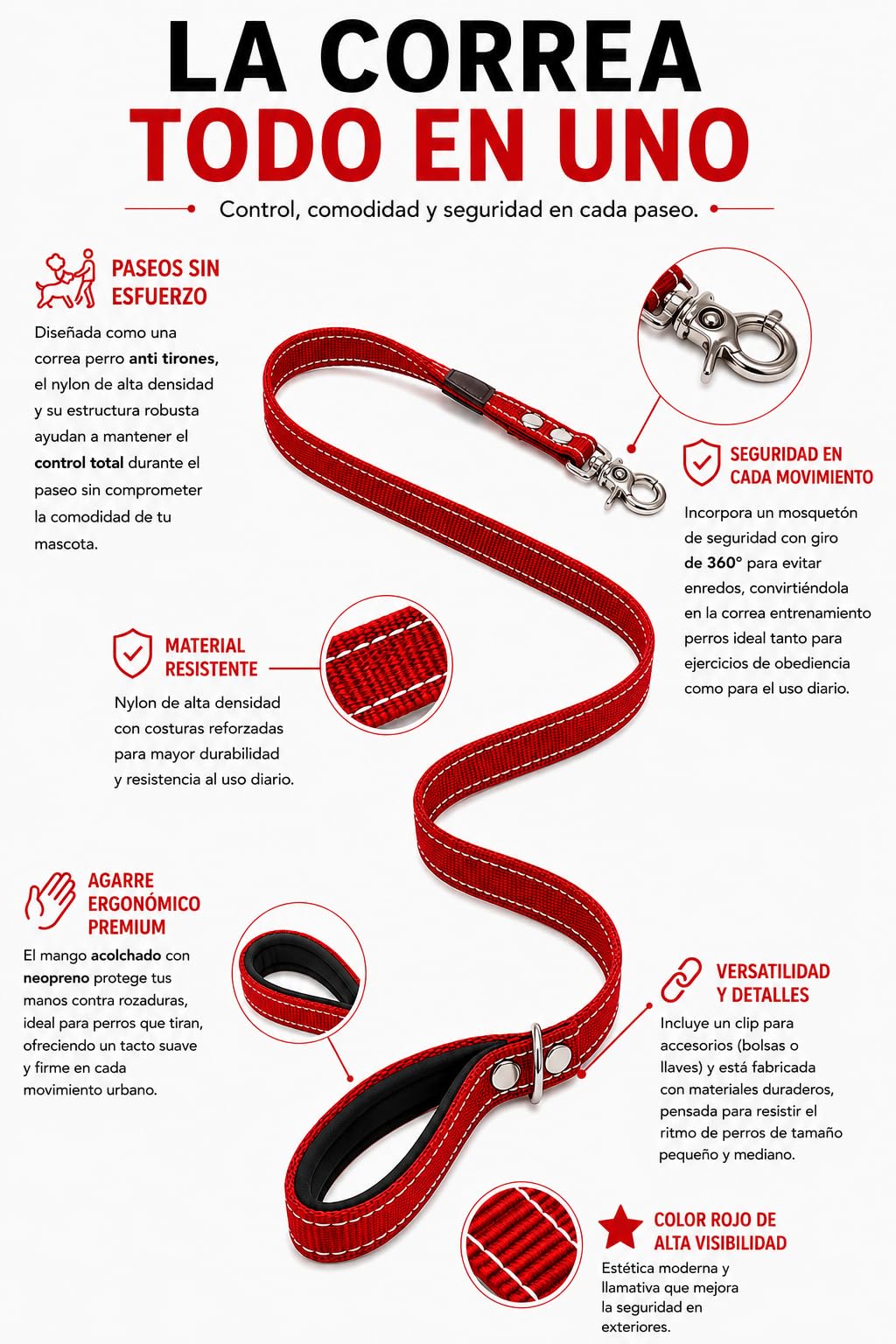 MOUZ Correa Perro adiestramiento de Nailon Doble, de 1.20metros, Alta Resistencia, Correa con Mango Acolchado, mosquetón de Seguridad 360º y Clip para Accesorios. Hecho en España. (Rojo)