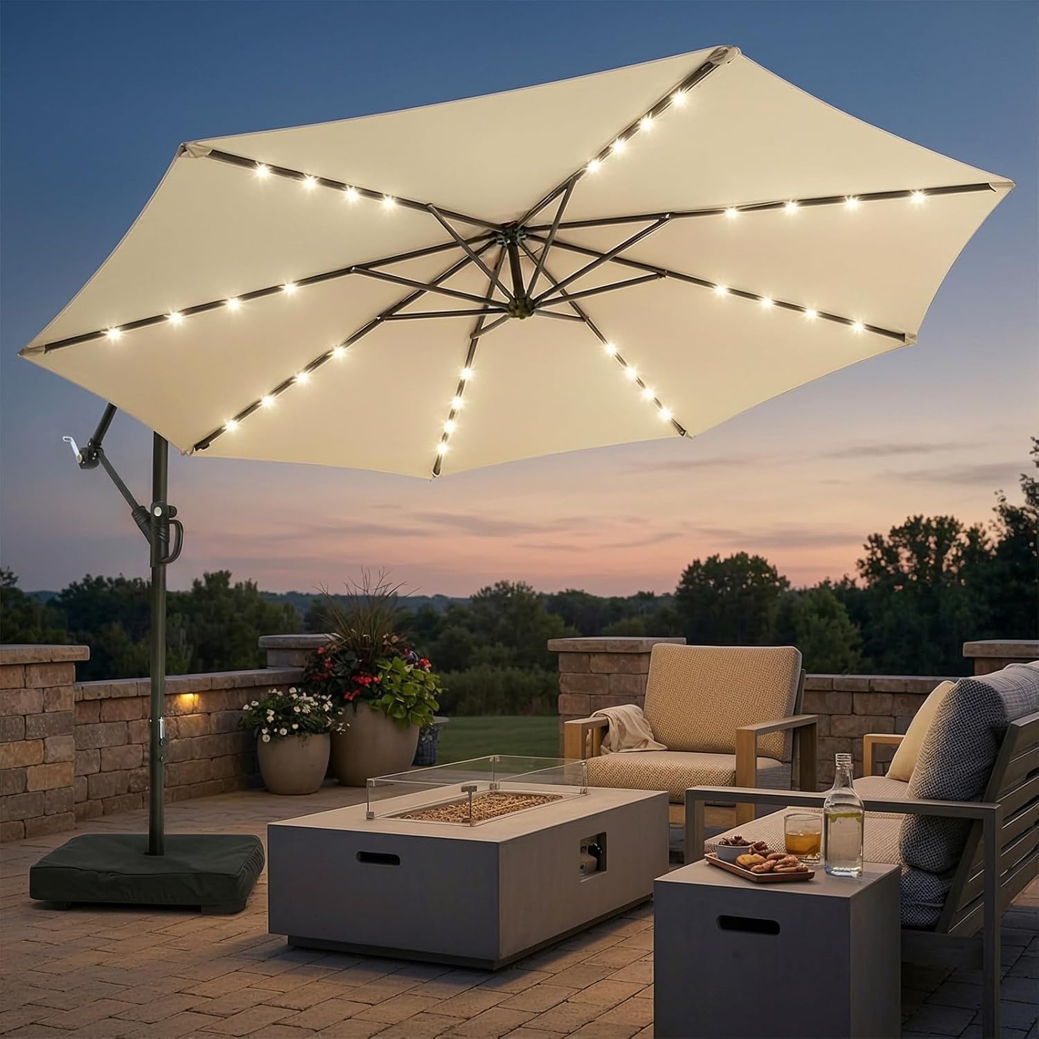 wikiwiki 10ft Solar LED Patio Umbrella with Base Included, Offset Umbrella with Weighted Sandbag Base, Cantilever Patio Umbrellas for Backyard, Garden & Deck, 32 LED Lights & Polyester Shade, Beige