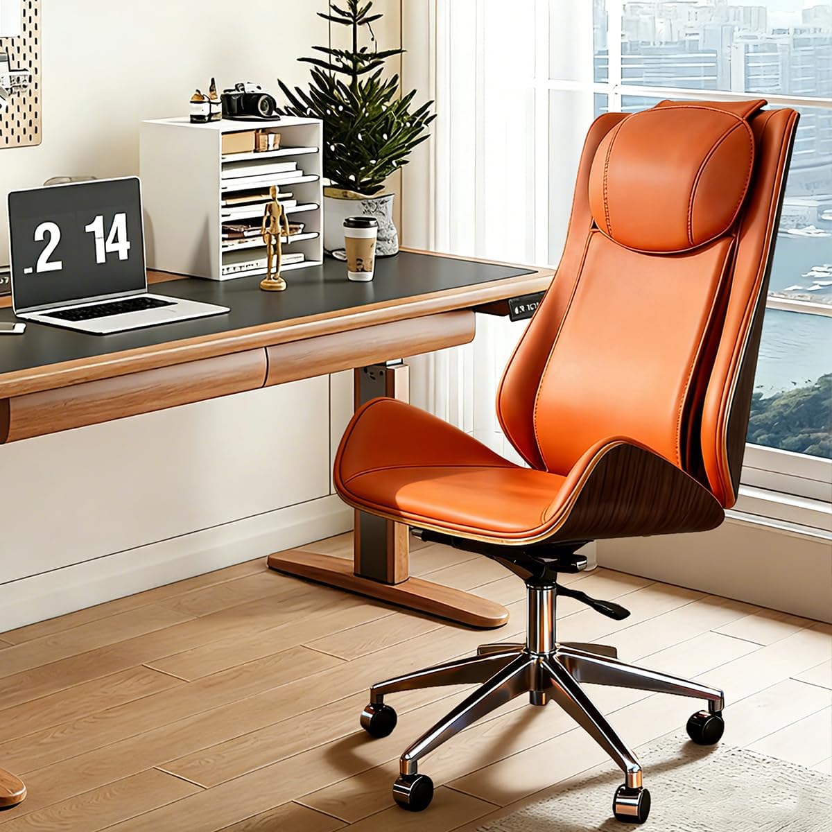 Executive Leather Office Chair, Ergonomic with Massager, Swivel Base, Adjustable Tilt, Walnut Wood, Modern Classic Design (Orange)