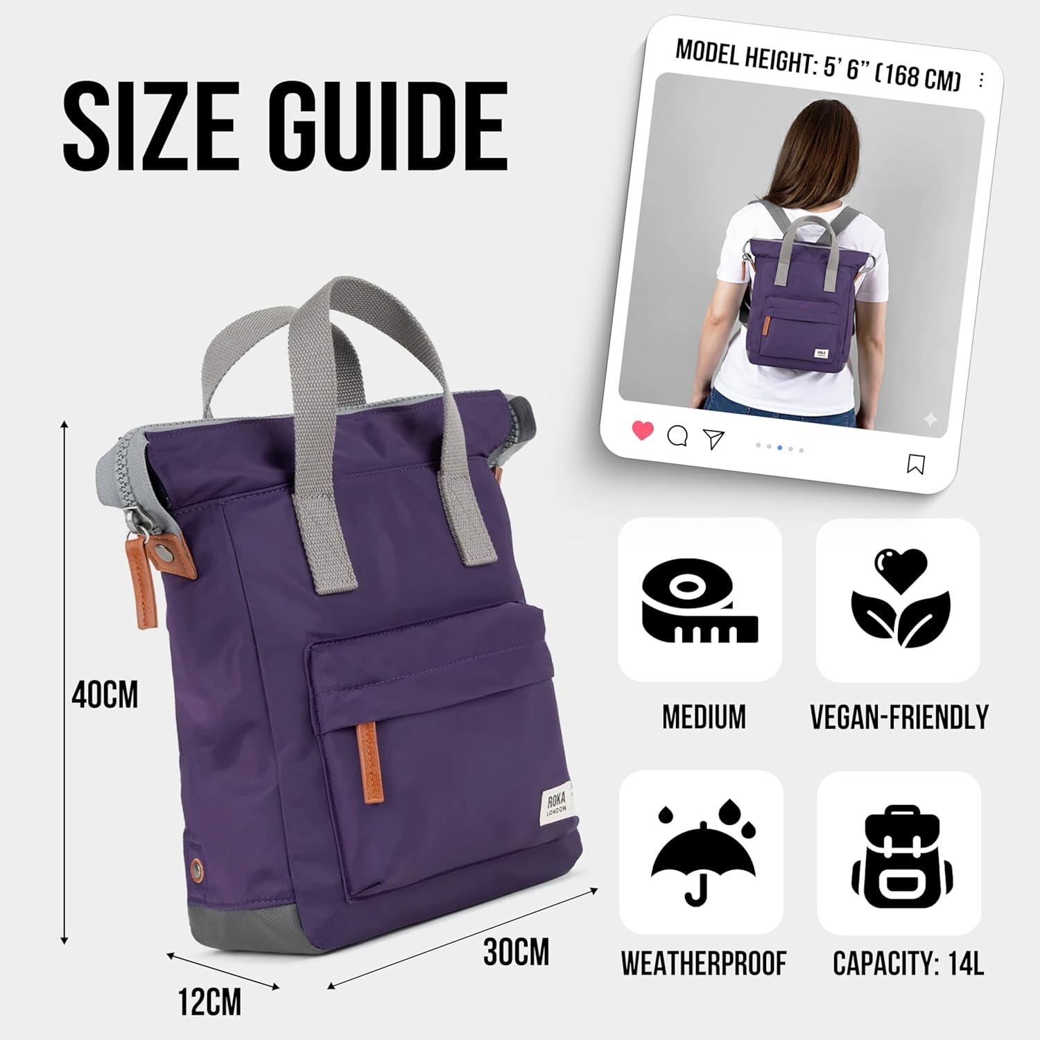 ORI LONDON Medium Tote Bag Backpack - Nylon Tote Backpack for Women & Men with Wide Mouth, Chunky Zippers, Multiple Pockets, Adjustable Straps - The Bantry, Peri Purple Backpack, 15.75x 11.81x 4.72 - Image 2