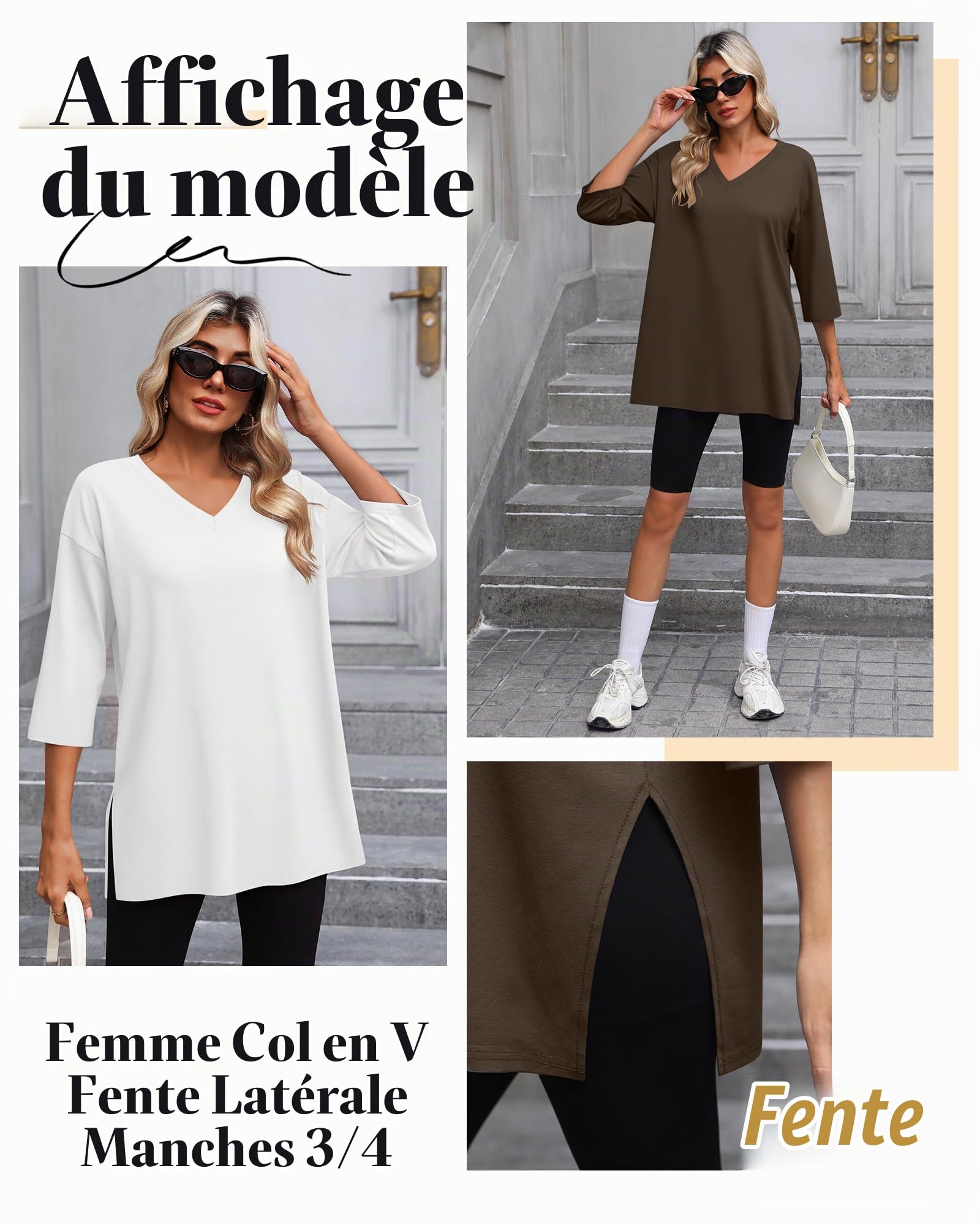 3 Tops Femme Oversize Manches 3/4 Col V | Tuniques À Fentes Latérales, T-shirts Amples, Vêtements Respirants, Hauts DécontractéS, Tenue Superposée, Mode Automne