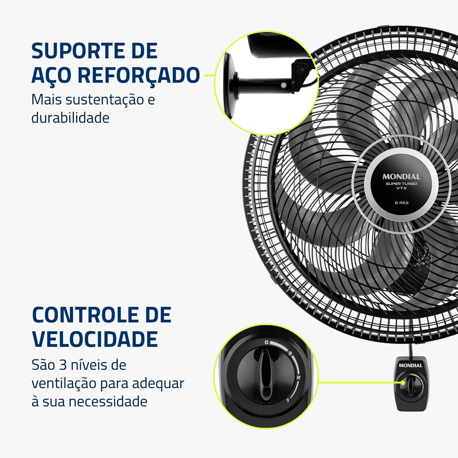 Ventilador de Parede 40cm Super Turbo 8 Pás, Mondial, Preto/Prata, 140W, 110V - VTX-40P-8P