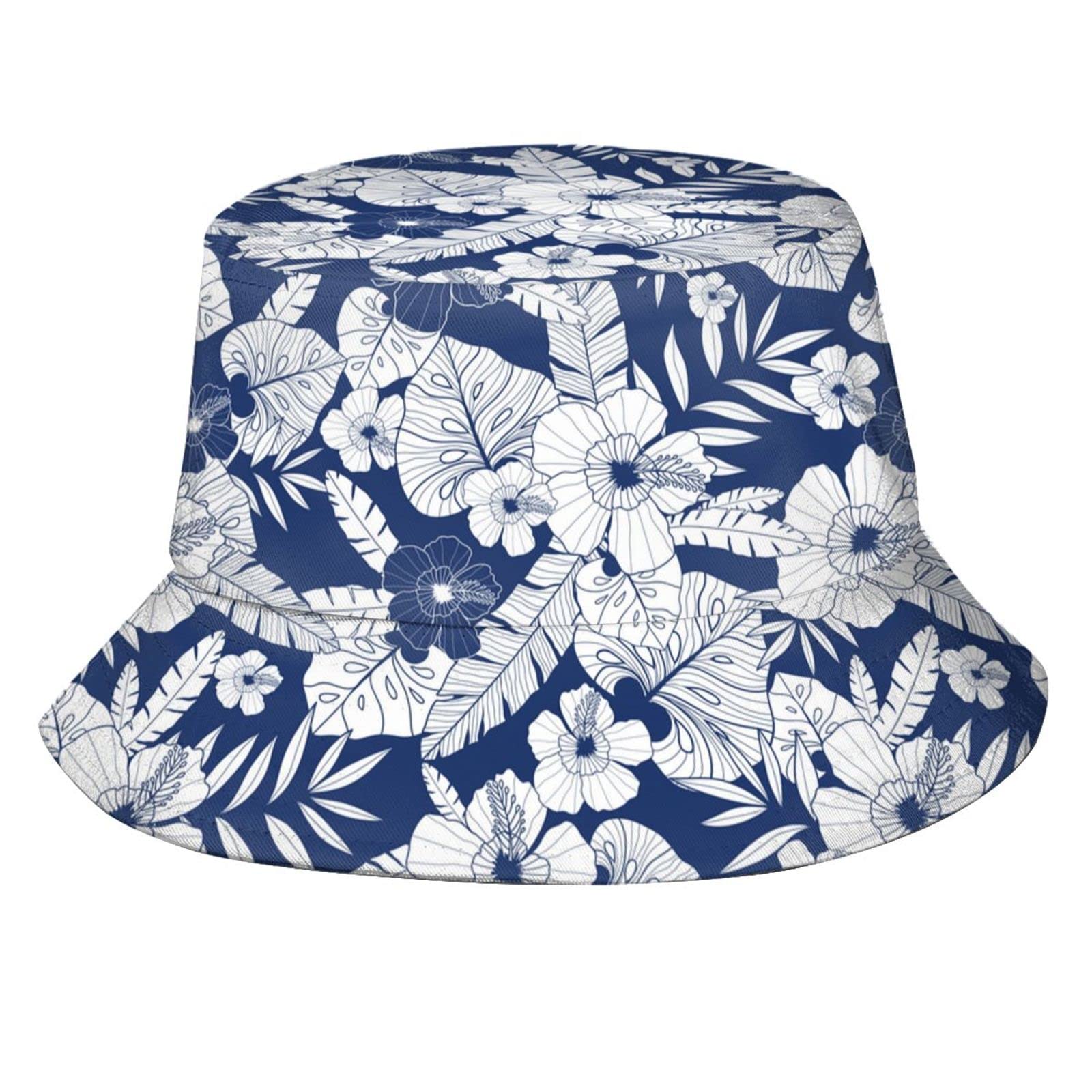 Blue Drawing Tropical Summer Hawaiian Bucket Hat Summer Fisherman Cap Travel Sun Hat for Men Women