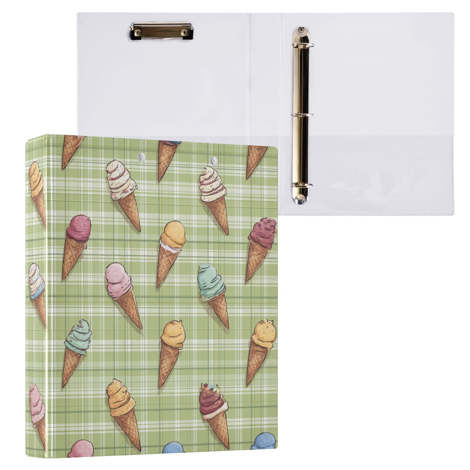 Kcldeci Raccoglitore a 3 anelli, copertina rigida, motivo a quadri con motivo a quadri gelato, 3,8 cm, con tasche interne, per scuola, ufficio, ricette, raccoglitori, 2 pezzi