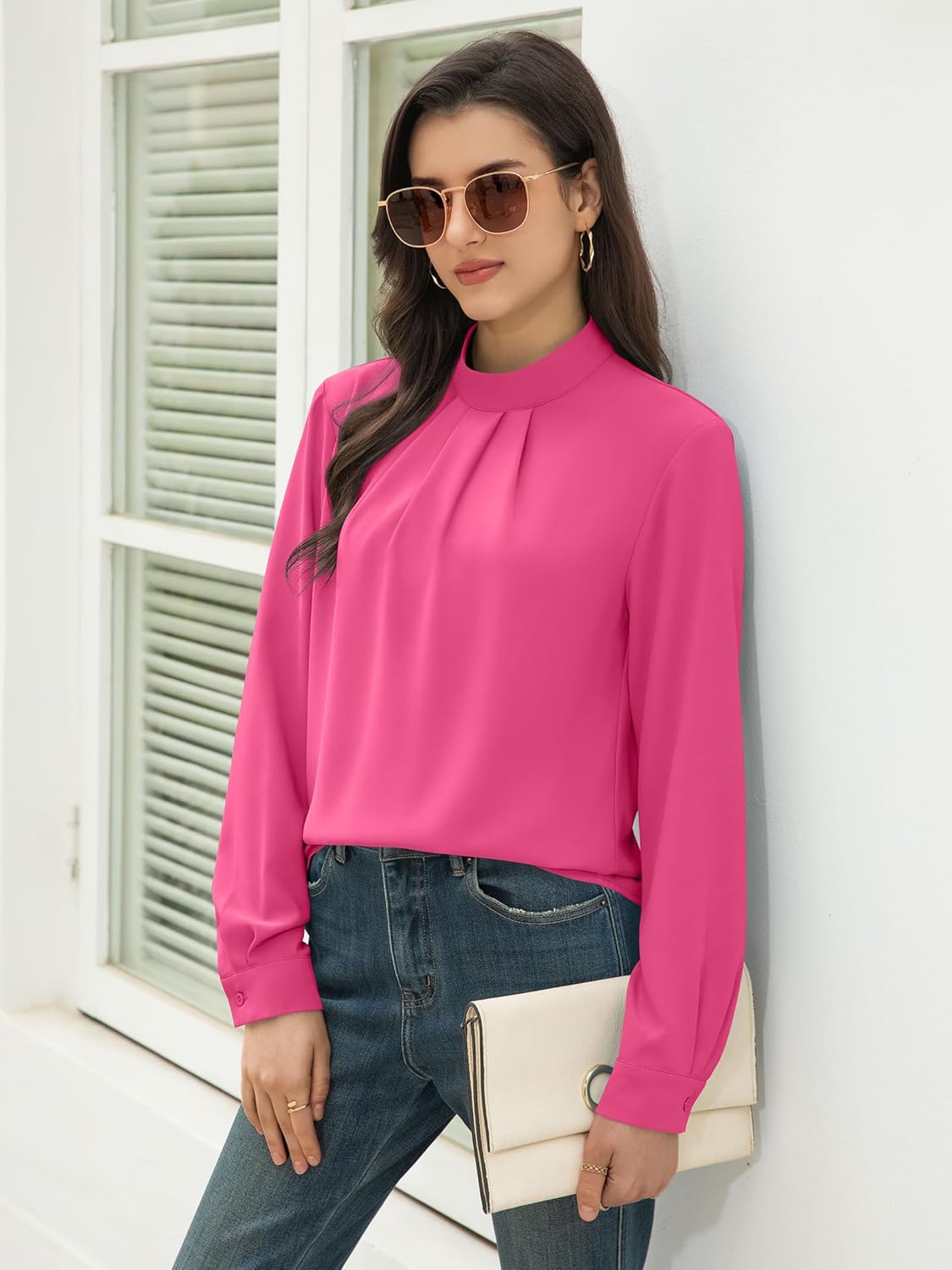 Funlingo Women's Long Sleeve Tops Dressy Casual Mock Neck Work Blouse Fall Trendy Front Pleated Tunic Chiffon Shirts - Image 4