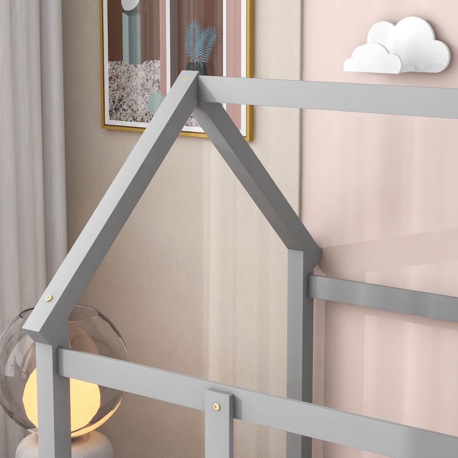 LLS Twin Floor Bed for Children, Wooden House Bed Frame with Roof and Safe Fence Guardrails, Montessori Bed for Girls Boys, Gray