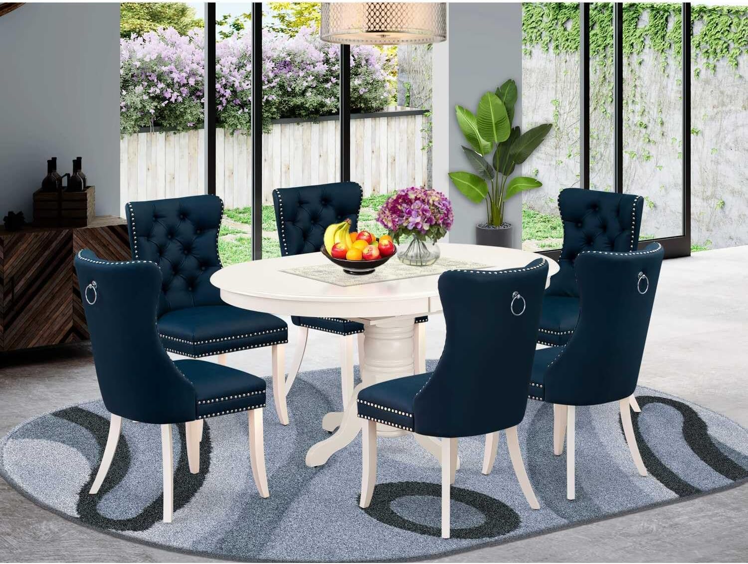 HomeStock 7 Piece Dining Table Set Includes an Oval Kitchen Table with Tuscan Treats Leaf and 6 Padded Chairs, Linen White - 60" x 42" x 30"