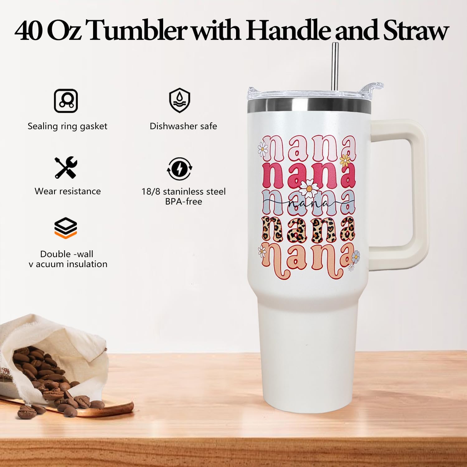 Ceovfoi 40 oz Nana Vacuum Insulated Water Bottle Travel Coffee Mug Cup Tumbler with Handle Lid and Straw, Mothers Day Nana Gifts for Grandmother - Image 3