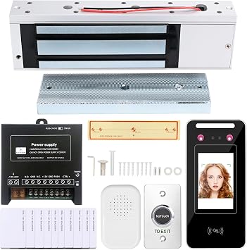 Access Control System Kit with Facial Recognition, 1200lbs Magnetic Lock, Keypad/Card Entry, 10 ID Cards, AC110V-DC12V Power & Infrared Switch for Home/Business Security Face ID 1200LBS Kits