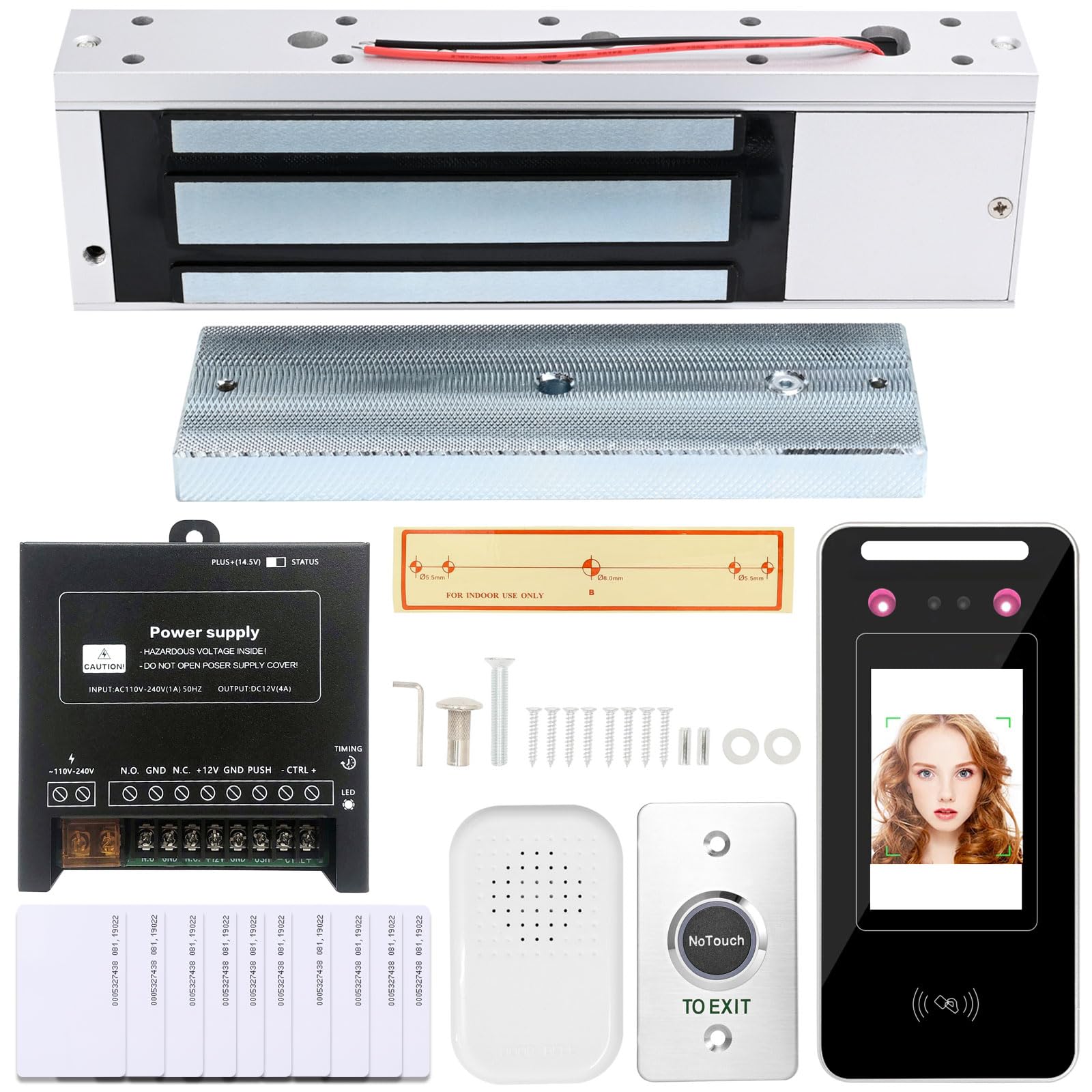 Access Control System Kit with Facial Recognition, 1200lbs Magnetic Lock, Keypad/Card Entry, 10 ID Cards, AC110V-DC12V Power & Infrared Switch for
