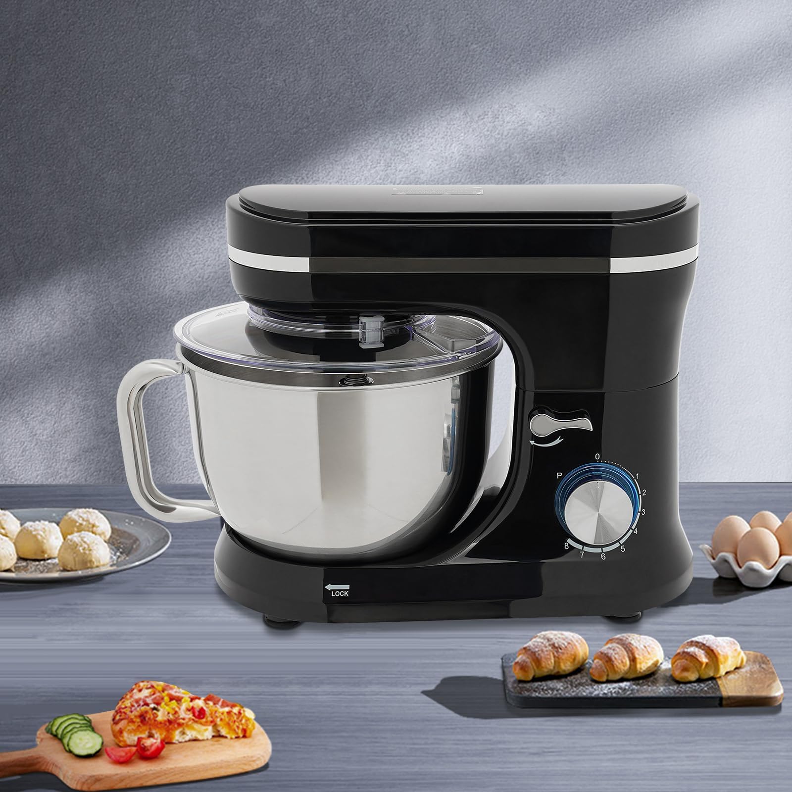 Frullatore Elettrico per Alimenti, Impastatrice da Cucina da 4,7L a 8 Velocità con Gancio per Impasto, Impastatrice da 1000W per Impastare, Montare la Panna e Preparare Prodotti da Forno