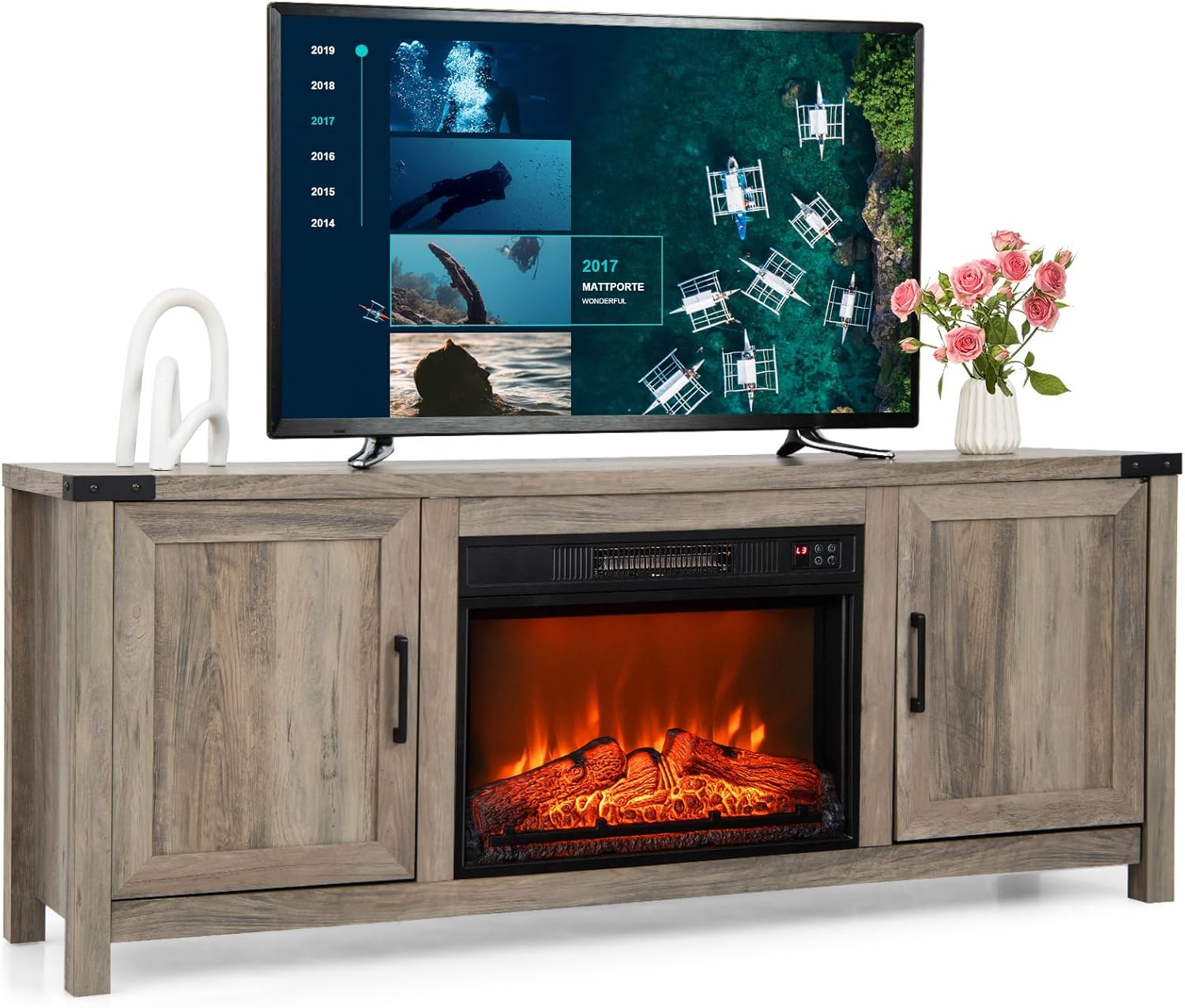 Tangkula Fireplace TV Stand for TVs up to 70 Inch, Farmhouse TV Console with 23” Electric Fireplace Insert, Remote Control, 2 Heating Modes & 3 Flame Brightness, Media Entertainment Center (Natural)