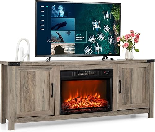 Tangkula Soporte de TV con chimenea para televisores de hasta 70 pulgadas, consola de TV de granja con inserto de chimenea eléctrica de 23 pulgadas,