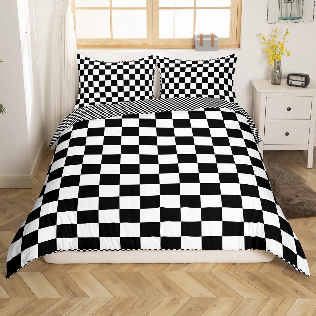 Housse de couette à carreaux noirs et blancs pour très grand lit réversible