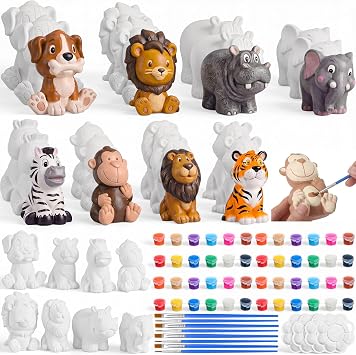 Zubebe 24 Pcs 3D Jungle Animals Ceramic Painting Kit DIY Safari Ceramics to Paint Your Own Animal Figurines Unpainted Plaster Arts Craft with Brush Palette Paint for Adults Birthday Party Favor Gifts
