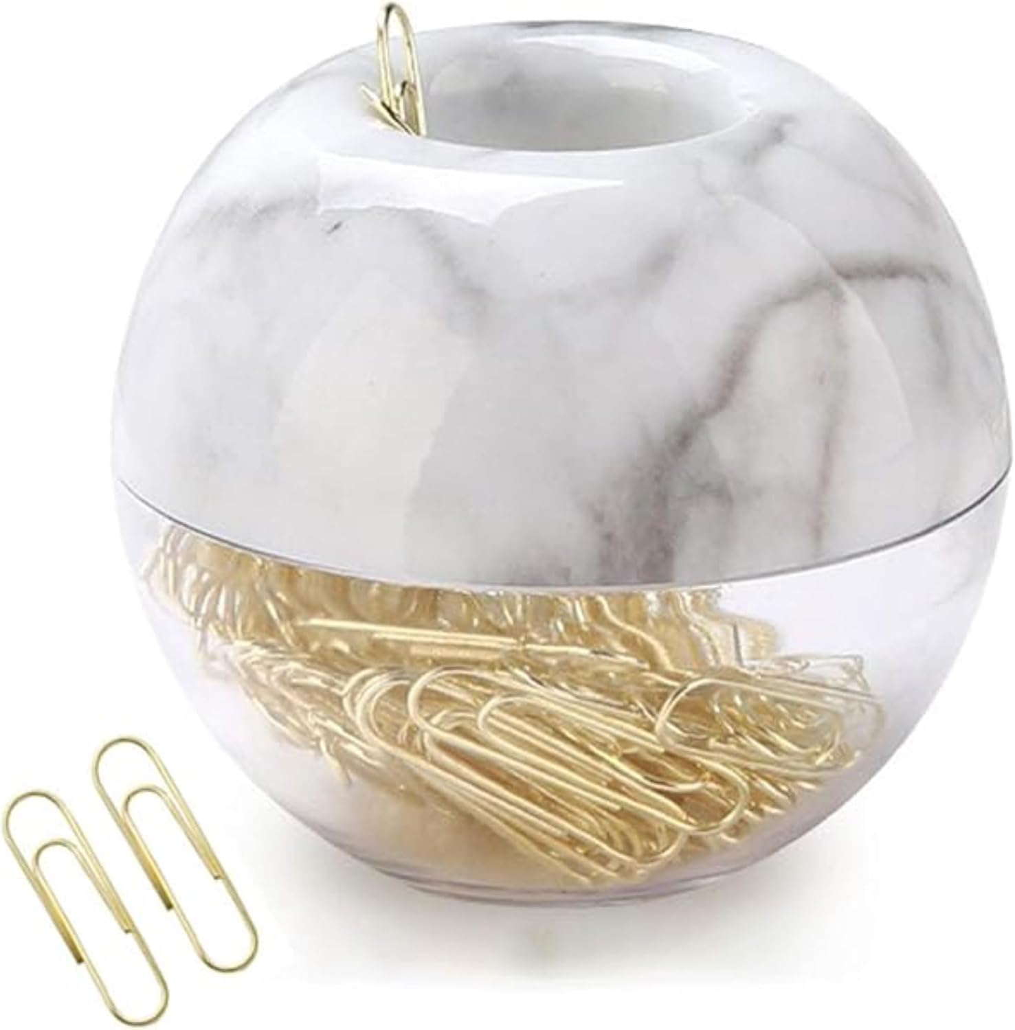 MultiBey NE-Clip-Marble-Round Paper Clips in Elegant Magnetic Marble White Clip Holder, 28mm, Gold, 100 Clips Per Box